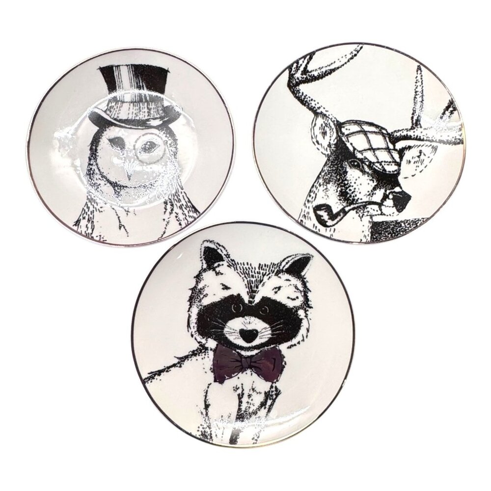 Vintage Racoon Smart Owl Deer Set Of 3 American Atelier Animal Porcelain Plates